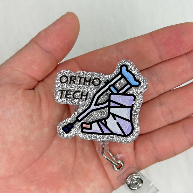 Bydevia Glitter Ortho Tech Badge Reel Retractable, Funny Orthopedics Badge Reel for Work, Radiology X-Ray Tech Badge Holder Gifts, Rehab Nurse Badge Clip, Ortho Nurse Badge ID Holder with Alligator Clip - Image 3